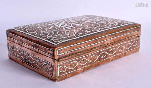 A 19TH CENTURY SILVER INLAID MIDDLE EASTERN MIXED METAL CASK...