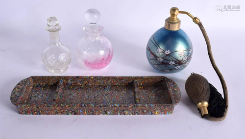 AN OKRA IRIDESCENT GLASS SCENT BOTTLE together with two othe...