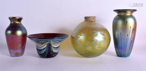 FOUR ART GLASS VASES. Largest 18 cm high. (4)