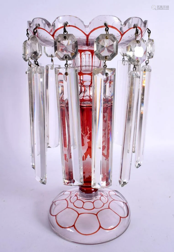 AN ANTIQUE BOHEMIAN RUBY AND CLEAR FLASH GLASS LUSTRE. 26 cm...