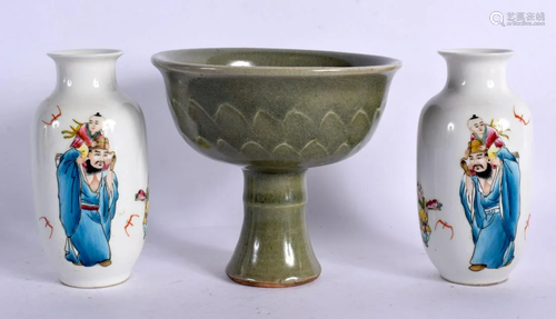 A PAIR OF CHINESE VASES 20th Century^ and a Chinese stem cup...