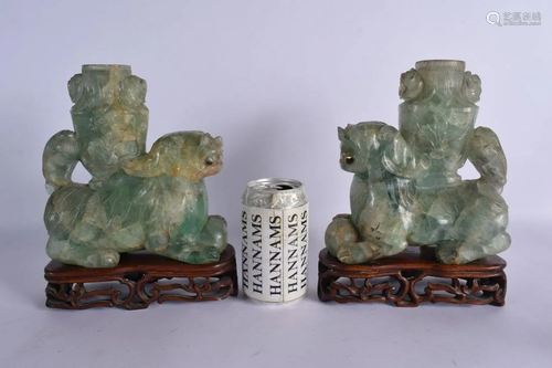 A LARGE PAIR OF 19TH CENTURY CHINESE GREEN QUARTZ STONE FIGU...