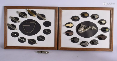 TWO FRAMED SETS OF WHISTLES. (qty)