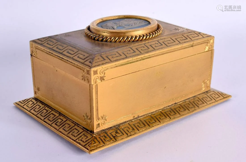 AN ANTIQUE BRONZE CASKET inset with a wedgwood basalt panel....