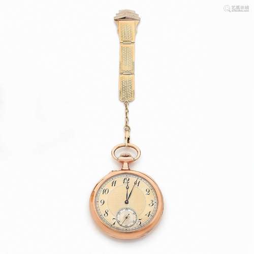 ANONYMEMontre de poche plate en or rose 14K, avec une chatel...