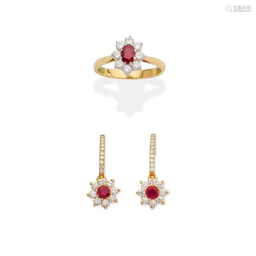 RUBY AND DIAMOND CLUSTER EARRINGS, 2018; RUBY AND DIAMOND RI...