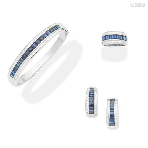 SAPPHIRE AND DIAMOND BANGLE, RING AND EARRING SUITE (3)