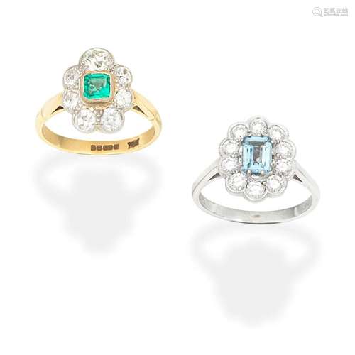 EMERALD AND DIAMOND CLUSTER RING; AQUAMARINE AND DIAMOND CLU...