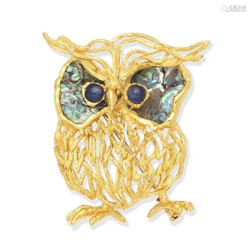 【Y】SAPPHIRE AND ABALONE SHELL OWL BROOCH