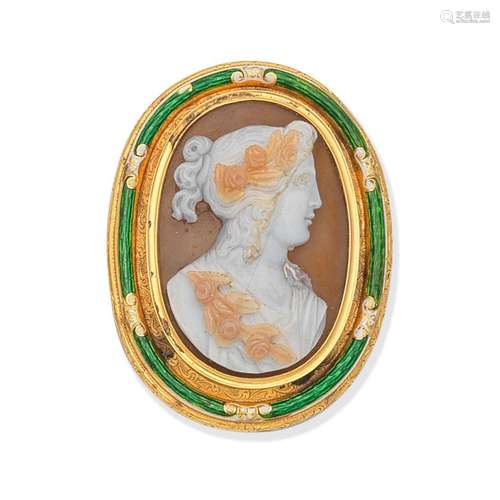 HARDSTONE CAMEO AND ENAMEL BROOCH,