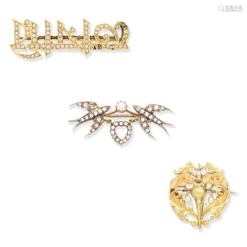 THREE SEED PEARL AND DIAMOND-SET BROOCHES, (3)