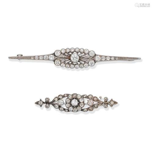 TWO DIAMOND BAR BROOCHES, (2)