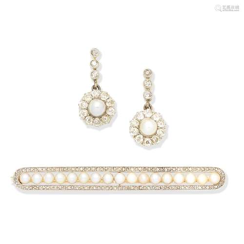 PEARL AND DIAMOND EARRINGS AND BROOCH, (2)