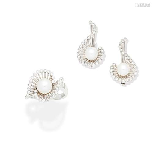 CULTURED PEARL AND DIAMOND RING AND EARCLIP SUITE (2)