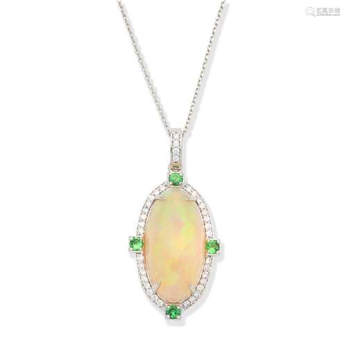 OPAL, DIAMOND AND GREEN GARNET PENDANT/NECKLACE