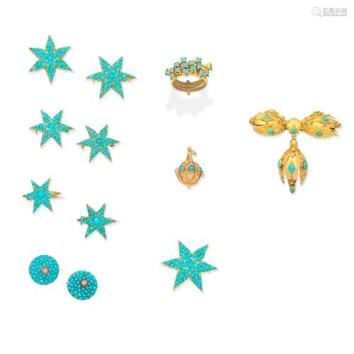 COLLECTION OF TURQUOISE-SET JEWELLERY, (12)