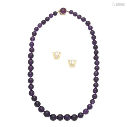 AMETHYST BEAD NECKLACE; DIAMOND-SET EARRINGS (2)