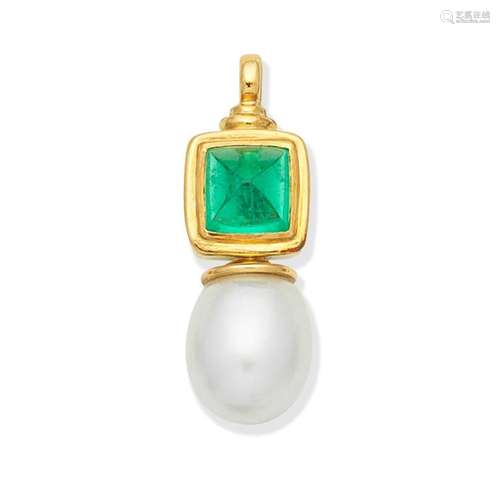 【Ω】EMERALD AND CULTURED PEARL PENDANT,