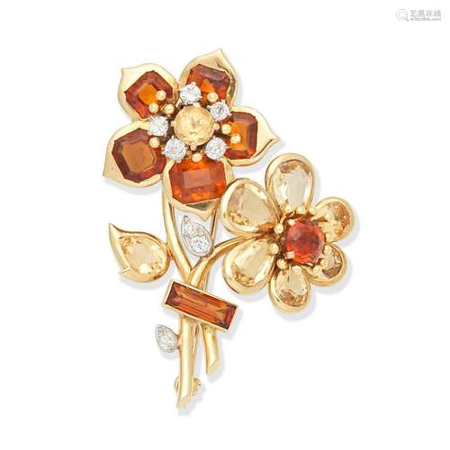 CITRINE AND DIAMOND BROOCH, CIRCA 1945-50