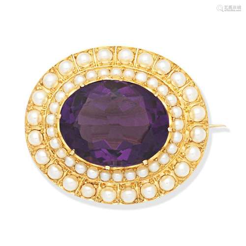 AMETHYST AND SEED PEARL BROOCH,