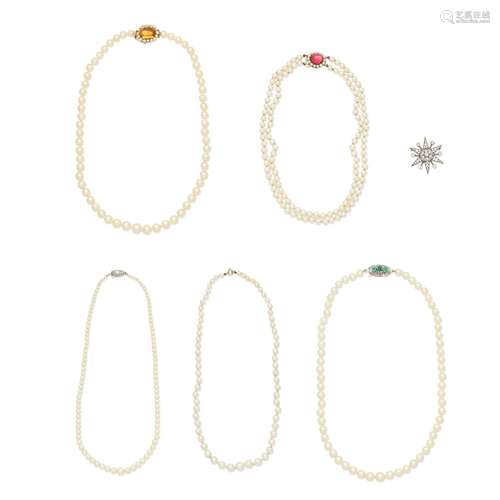 FIVE CULTURED PEARL NECKLACES AND ONE PASTE STAR BROOCH (6)