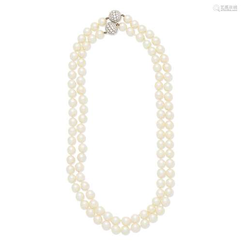 TWO CULTURED PEARL NECKLACES WITH DIAMOND-SET CLASPS (2)