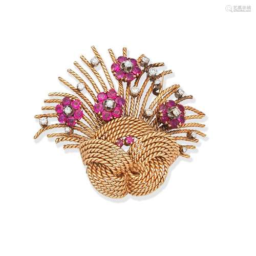 RUBY AND DIAMOND-SET SPRAY BROOCH, CIRCA 1955