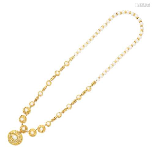 【Ω】CULTURED PEARL AND DIAMOND-SET NECKLACE/BROOCH,