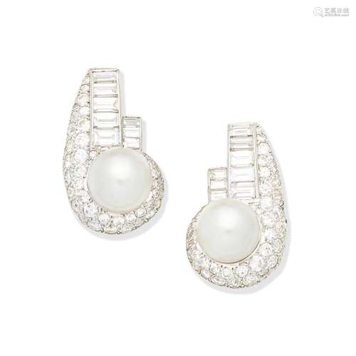 CULTURED PEARL AND DIAMOND EARRINGS