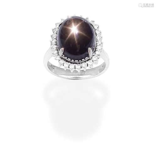 BLACK STAR SAPPHIRE AND DIAMOND CLUSTER RING