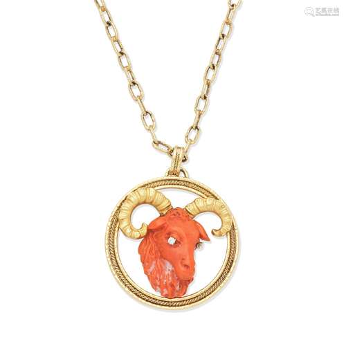 【Y】ASPREY CORAL AND DIAMOND ARIES PENDANT/NECKLACE,