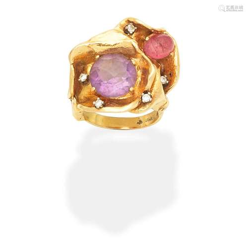 AMETHYST, PINK TOURMALINE AND DIAMOND DRESS RING