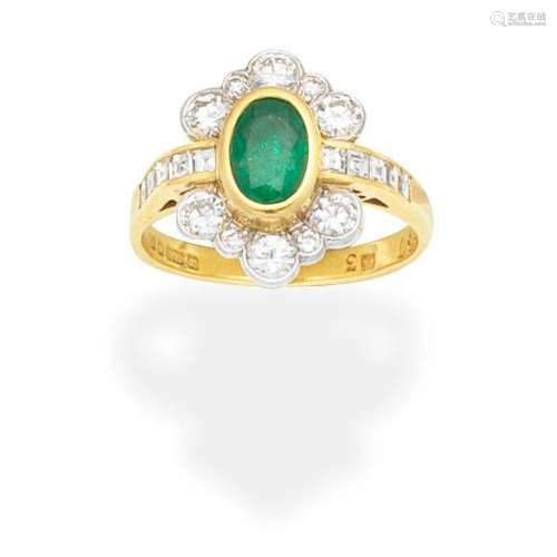 EMERALD AND DIAMOND CLUSTER RING,