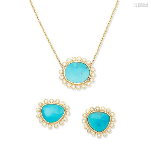 TURQUOISE AND DIAMOND PENDANT AND EARRINGS  (2)