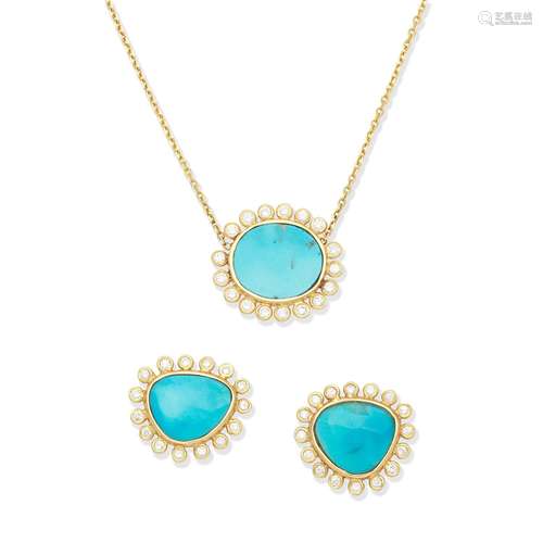 TURQUOISE AND DIAMOND PENDANT AND EARRINGS  (2)