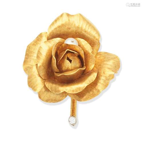 CARTIER CULTURED PEARL AND DIAMOND-SET ROSE BROOCH,