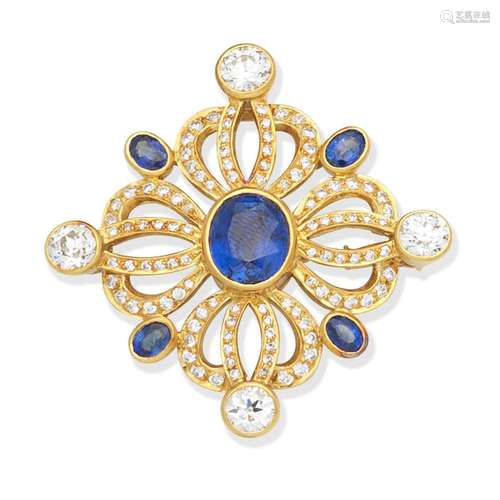 【Ω】SAPPHIRE AND DIAMOND BROOCH,