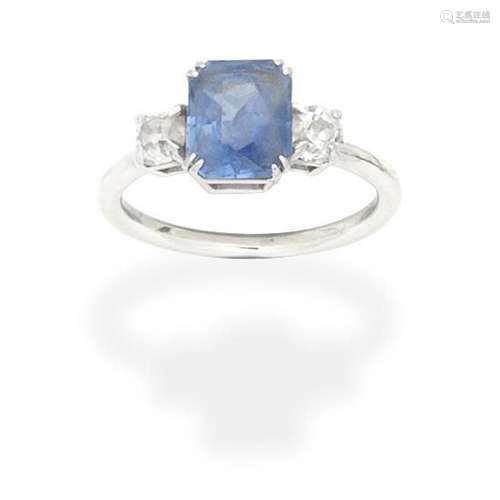 SAPPHIRE AND DIAMOND THREE-STONE RING