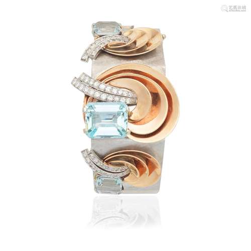 AQUAMARINE AND DIAMOND BANGLE/WATCH,