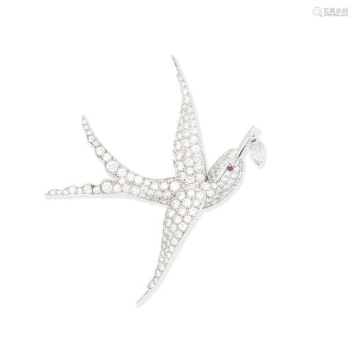 DIAMOND AND RUBY BIRD BROOCH