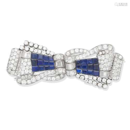 SAPPHIRE AND DIAMOND DOUBLE CLIP BROOCH,