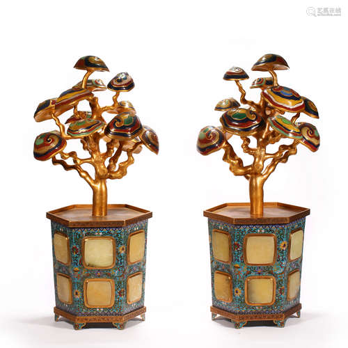 QING DYNASTY CLOISONNÉ HETIAN JADE POTTED PLANTS