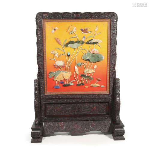 QING DYNASTY ROSEWOOD HUNDRED TREASURES INLAID LOTUS INTERST...