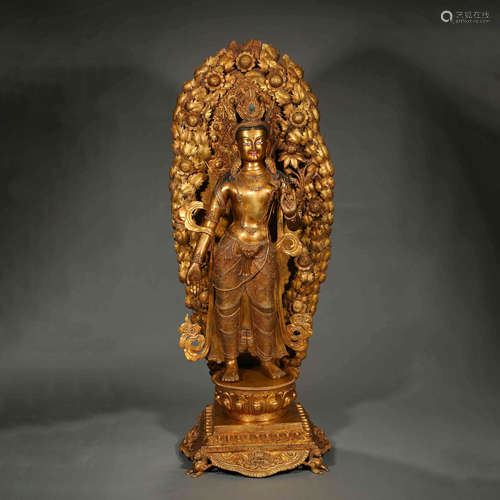 GILT BRONZE LOTUS HAND GUANYIN STANDING STATUE