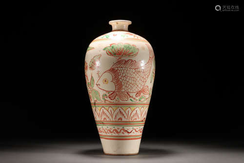 SONG DYNASTY CIZHOU WARE RED AND GREEN COLOR PLUM BOTTLE