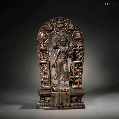 BRONZE INLAID ANEMONE HAND GUANYIN STANDING STATUE