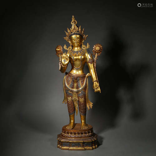 GILT BRONZE GEMSTONE LOTUS HAND KANNON STAND STATUE