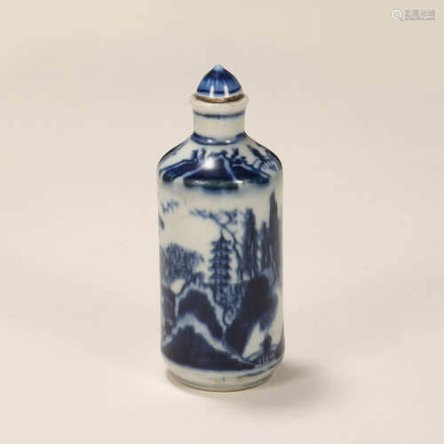 QING DYNASTY BLUE AND WHITE LANDSCAPE SNUFF BOTTLE