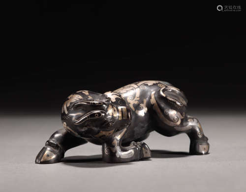 HAN DYNASTY BRONZE BEAST INLAID WITH SILVER