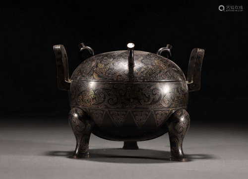 HAN DYNASTY SILVER DING INLAID WITH GOLD